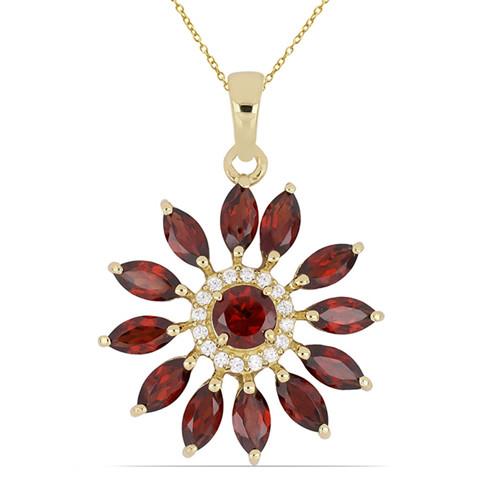 BUY STERLING SILVER GOLD PLATED NATURAL GARNET GEMSTONE FLORAL PENDANT